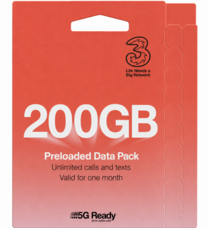 Three 200GB Pay As You Go SIM Card – Unlimited Calls & Texts – 30 Days