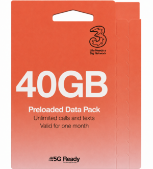 Three 40GB Pay As You Go SIM Card – Unlimited Calls & Texts – 30 Days