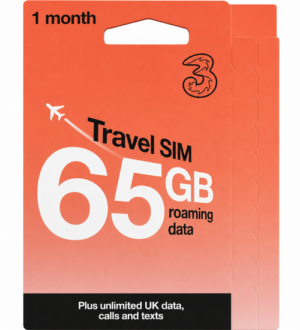 Three 30-Day Travel SIM – Unlimited UK Data, Calls & Texts – 65GB Roaming