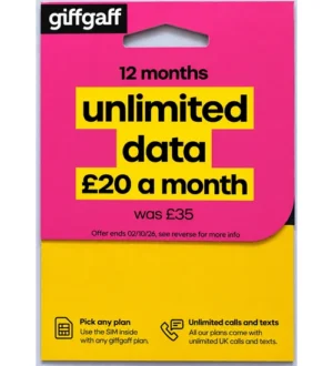 giffgaff SIM Card – Unlimited Data, Calls & Texts – £20pm 12-Month Plan