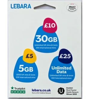 Lebara PAYG SIM Card – 30GB Data, Unlimited UK Minutes & Texts – £10 Plan