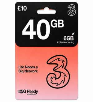 Three Pay As You Go SIM Card – 40GB Data – £10 Pack – 5G Ready