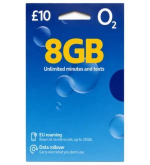 O2 Pay As You Go SIM Card – 8GB Data – Unlimited Minutes & Texts – £10