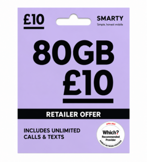 SMARTY Pay As You Go SIM Card – 80GB Data – Unlimited UK Calls & Texts – £10