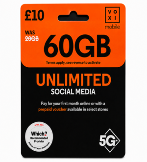 VOXI Pay As You Go SIM Card – 60GB Data – Unlimited Social Media – £10