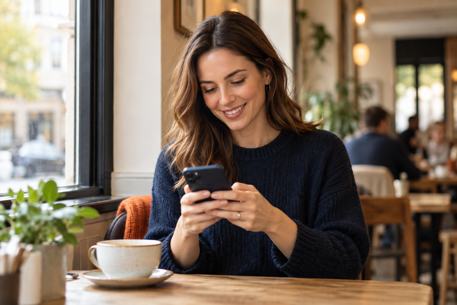 Woman using a smartphone in a café