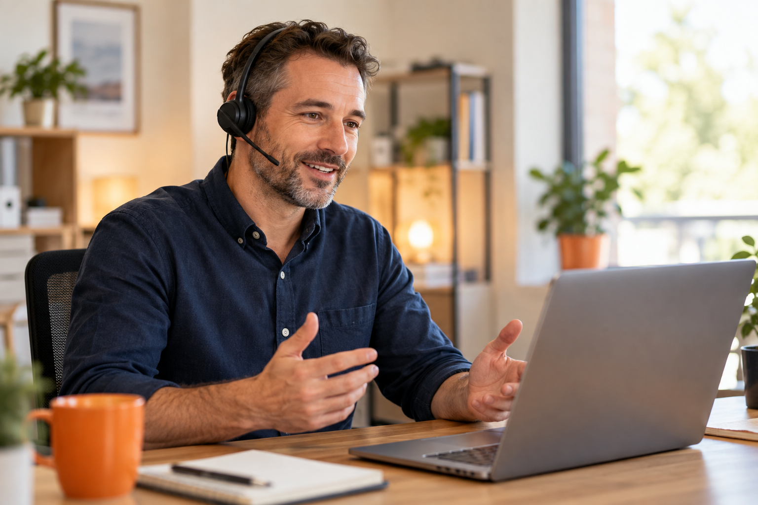 Illustrative customer support adviser wearing a headset